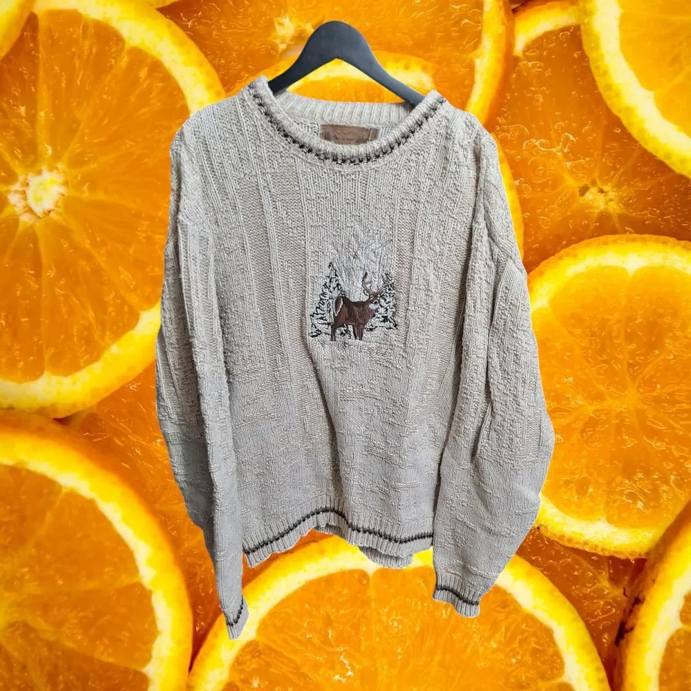 Shenandoah Deer Winter Scene Cable Knit Sweater‎ Outdoor Cabin Lodge Cozy L